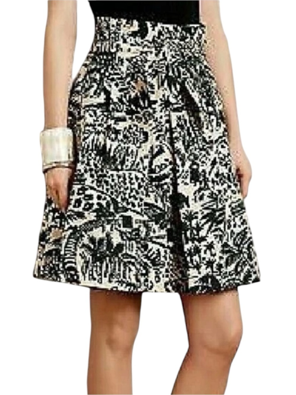 Corey Lynn Calter Black and Cream Palm Garden Printed Short Flared Skirt, Sz. 12